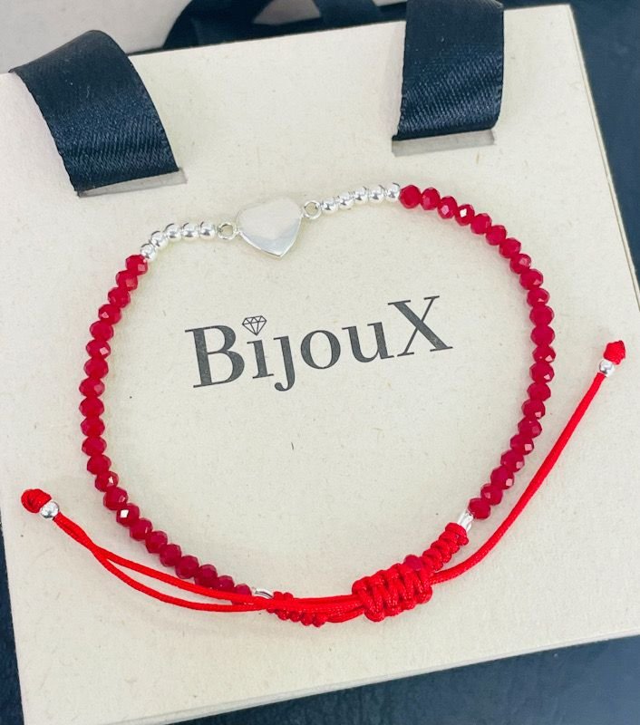 PULSERA EN PLATA CORAZON CON ROJO